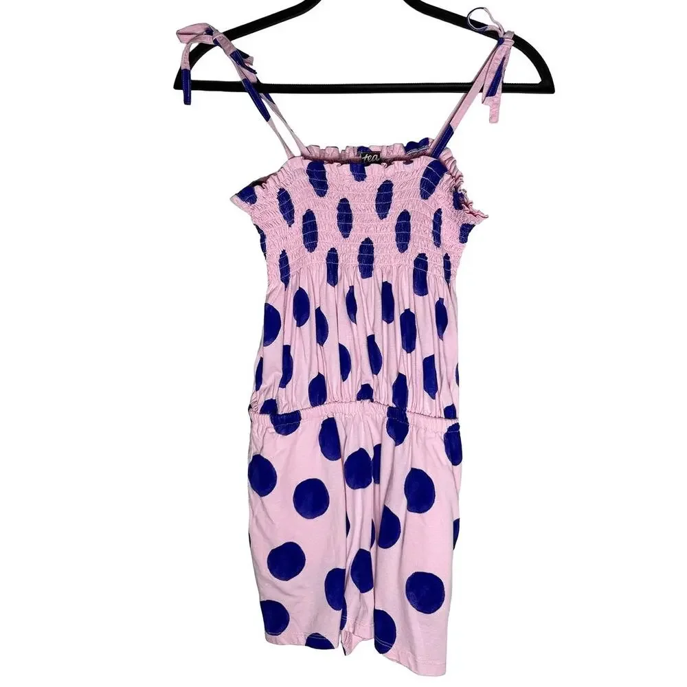 Tea Collection Girls Tie Shoulder Smocked Romper Pink Purple Cotton Polka Dot 12